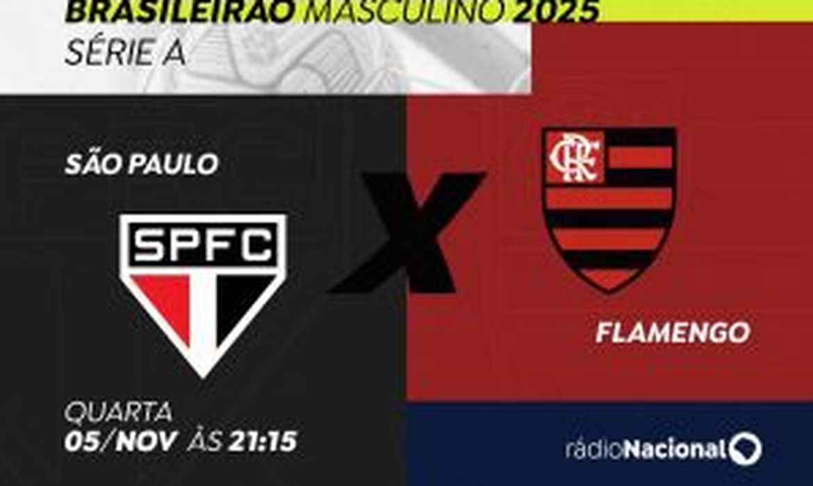 São Paulo- 03/11/2025 - Rádio Nacional acompanha São Paulo e Flamengo ao vivo nesta quarta. Arte/ Rádio Nacional